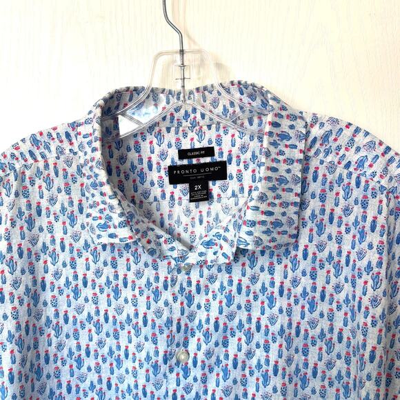 Pronto Uomo Mens 2X Button Down SS Cactus Print Camp Shirt Southwest Vacation - Picture 4 of 8
